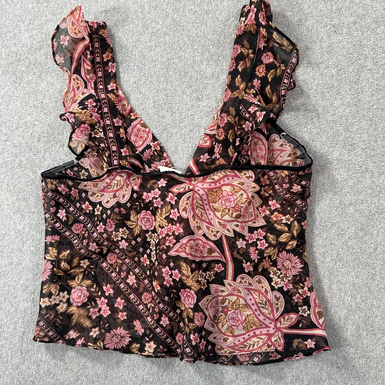 Vintage Intimately Flora Sheer Camisole Lingerie Top Size Medium Black Floral - Image 8