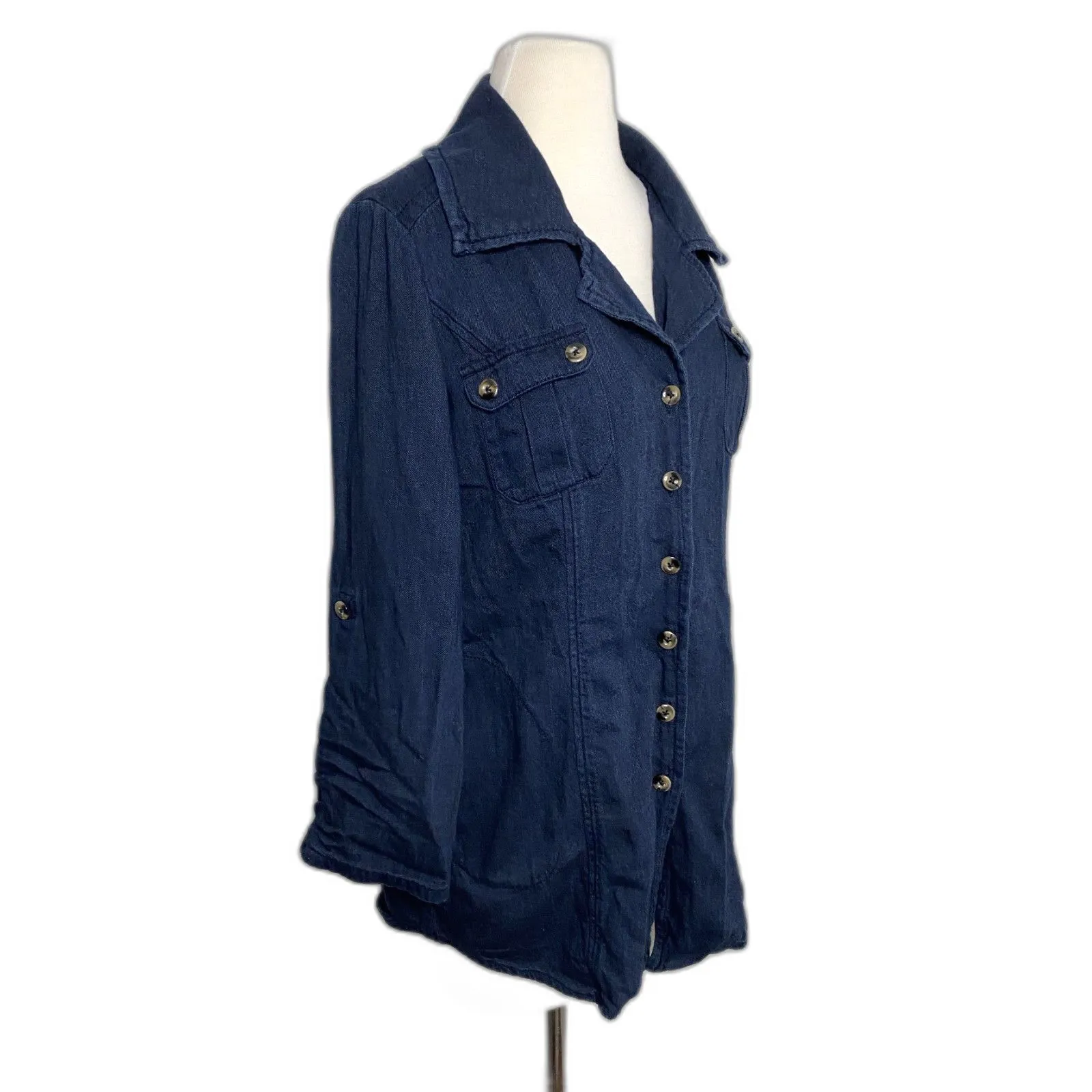 Cabi Chambray Utility Jacket Button Down Cinched Roll Sleeve S (No drawstring) Blue - Image 6