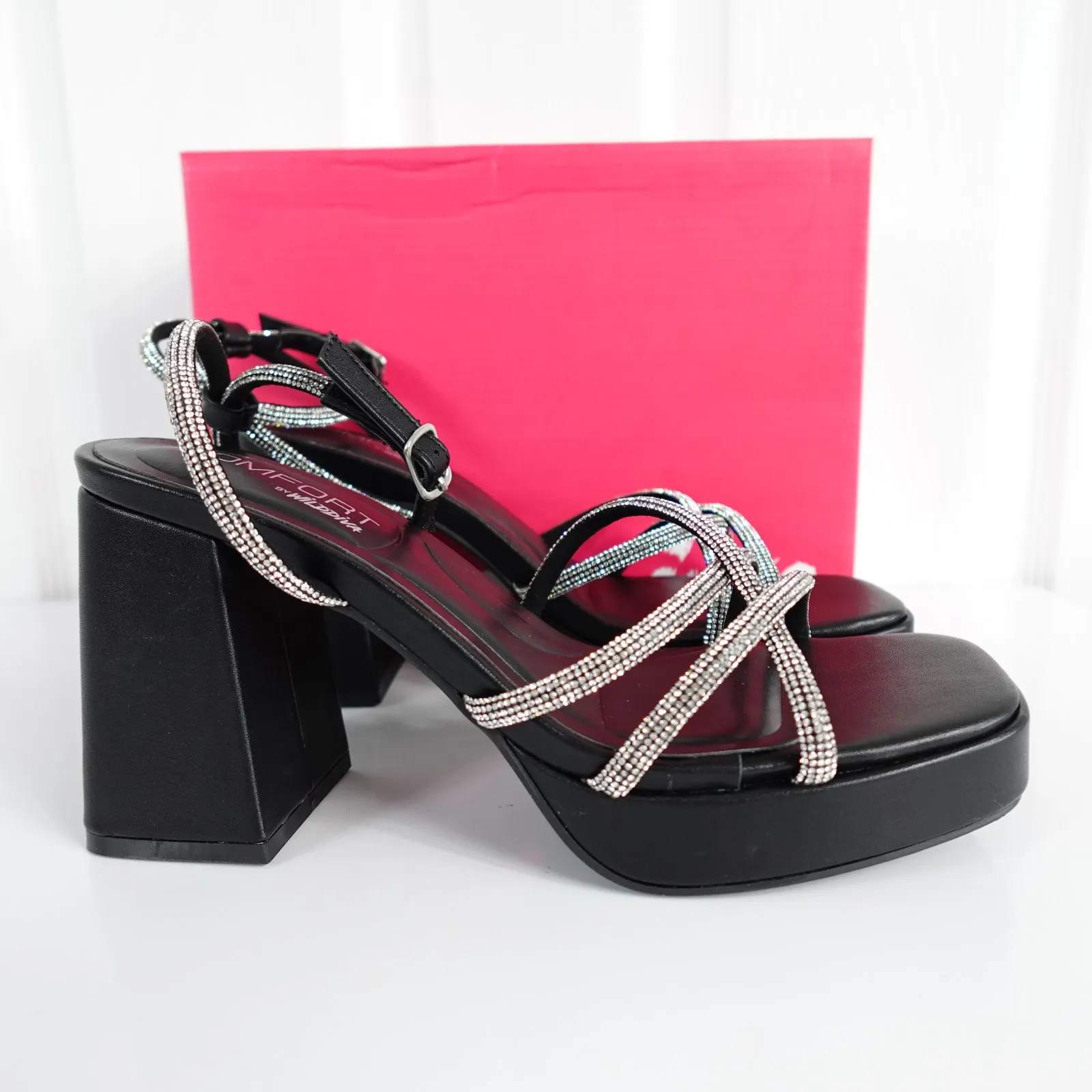 Black Silver Crystal Strappy Ankle Wrap Open Toe Platform Sandal Heels Formal - Image 4