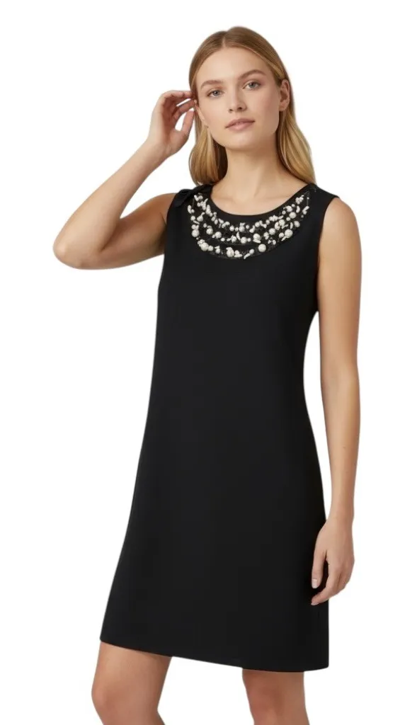 Rebecca Taylor Size 4 Shift Dress Black Pearl Neckline Sleeveless Elegant 1703 - Image 1