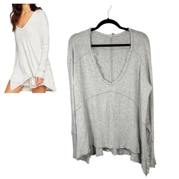 Free People Drippy Thermal Waffle Knit Raw Hem Long Sleeve Light Grey Top Medium - Image 2