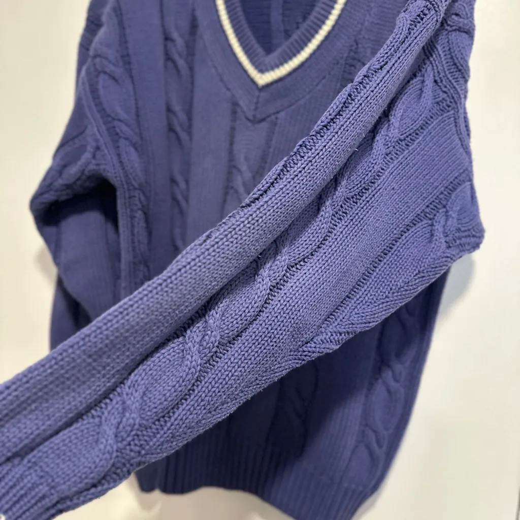 Vintage Oversized Blue Vneck Chunky Cable Knit Pullover Sweater. Heavyweight Size XL - Image 5