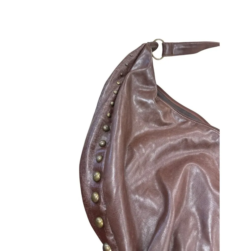 Vintage Brown Leather Studded Hobo Shoulder Bag With Brass Accents SKU 7231 - Image 6