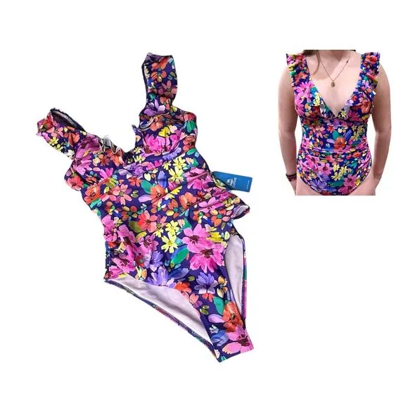 NEW Cupshe SWIMSUIT Women's MED Ruffled One Piece Floral V Neck Lace Up Back NWT - Image 2