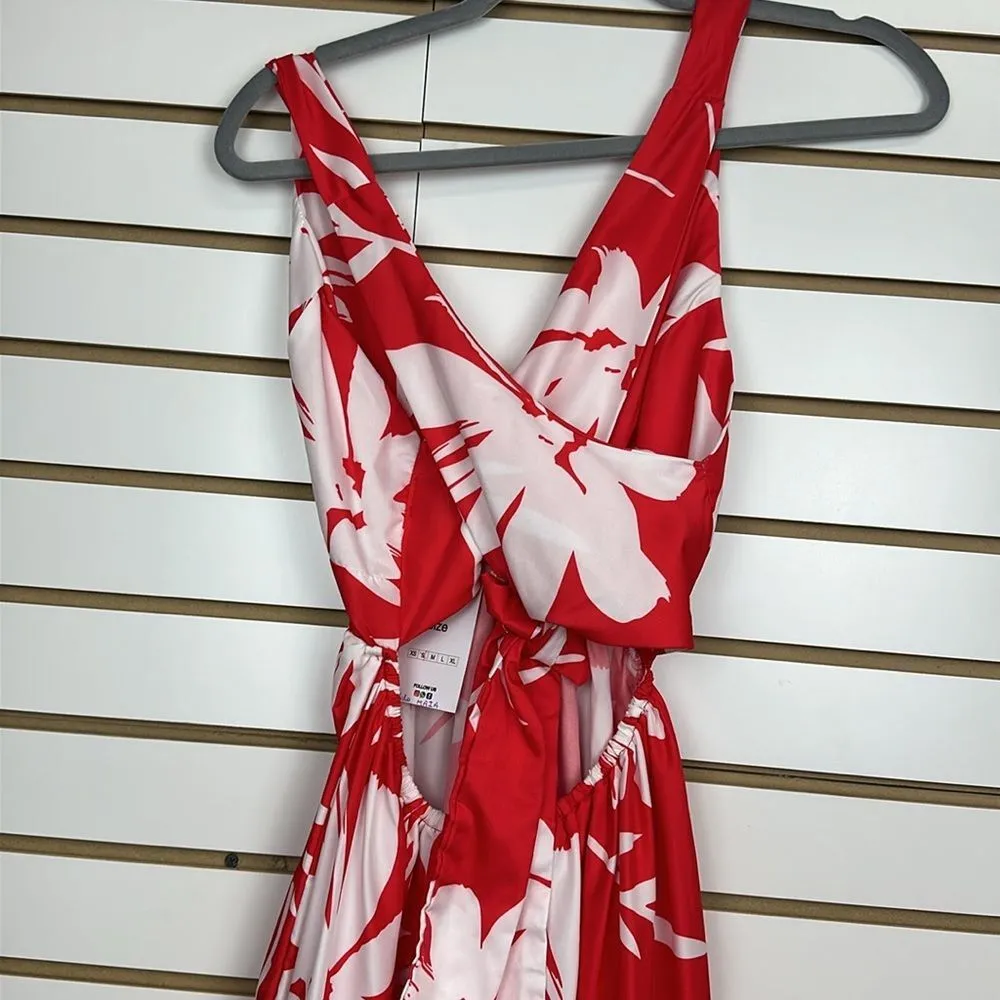 The MIA Maxi Dress tie back halter Neck Tropical print Red/white Sz Small - Image 8