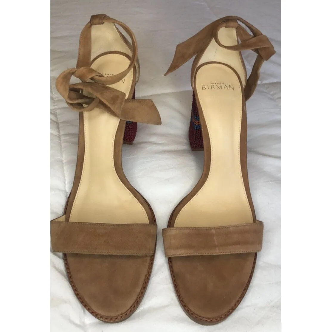 ALEXANDRE BIRMAM Suede Crochet Trim Sandals Elisa 7 1/2 Embroidered Block Heels - Image 8