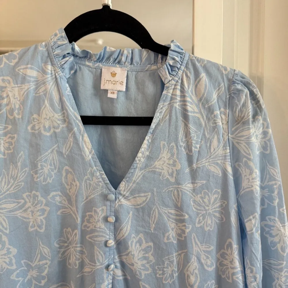 J. Marie Floral Print Long Sleeve Dress Size XS Color Blue White - Image 3