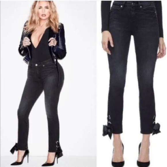 Good American Size 8/25 Black Straight Ankle Ribbon Lace Tie Jeans - Image 2