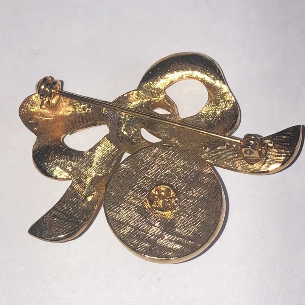 Angel Brand Elegant Gold Tone CZ Rhinestone Faux Pearl Retro Bow Brooch - Image 4