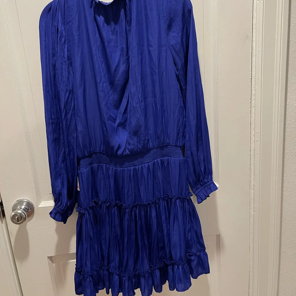 NWT Royal blue long sleeve silky mini dress with ruffle hem - Image 3