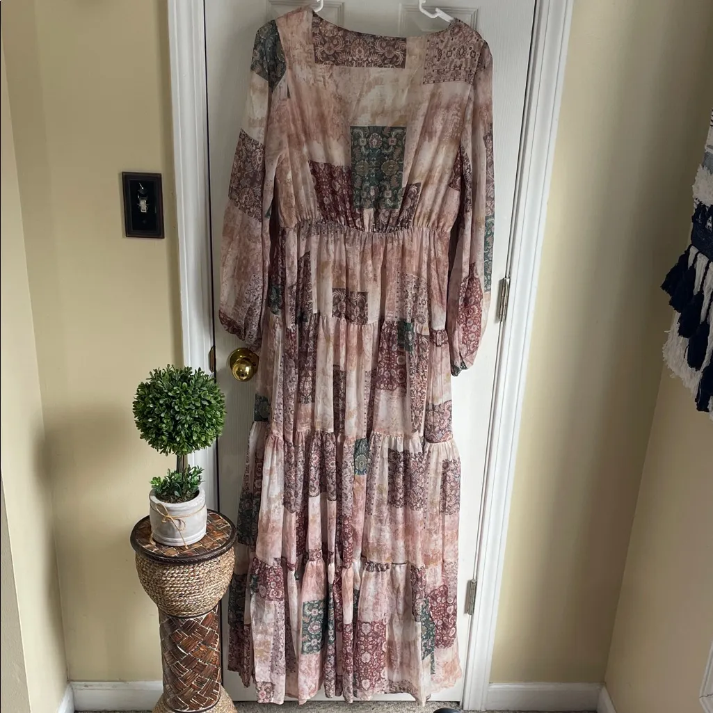 Bohemian Flowy Patchwork Maxi Dress Pink Size L - Image 4
