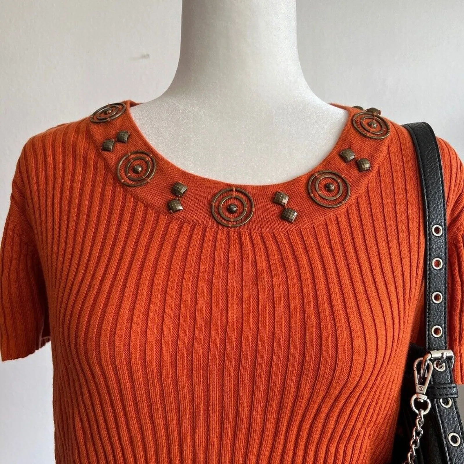 Orange Beaded Ribbed‎ Top, Y2K Boho Bohemian 2000s XL Festival Vacation - Image 2