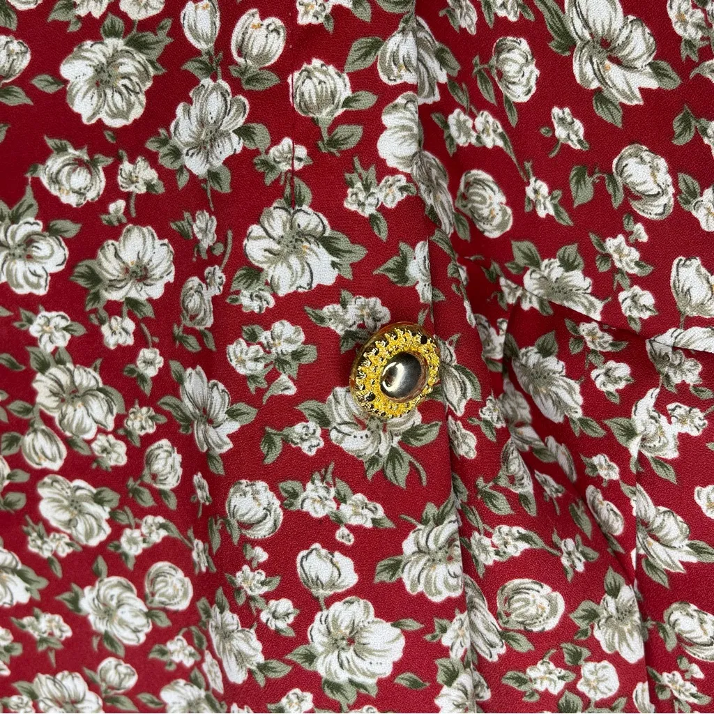 VINTAGE • Panache • Midi Dress • Red with White Flowers • Large • Gold Buttons - Image 8
