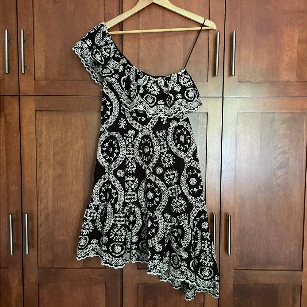 LoveShackFancy Pamela Dress One Shoulder Eyelet Lace Black Tan Size Small - Image 4