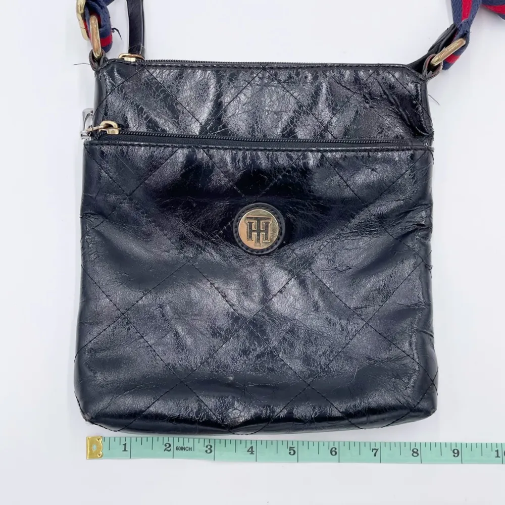 Vintage Tommy Hilfiger Purse Crossbody Bag Black Leather Red Blue Striped Straps - Image 8