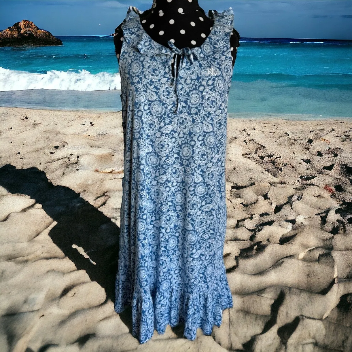 Lauren Ralph Lauren Womens Dress Sz‎ XS Blue Floral Flounce Knit NEW Sleeveless - Image 4