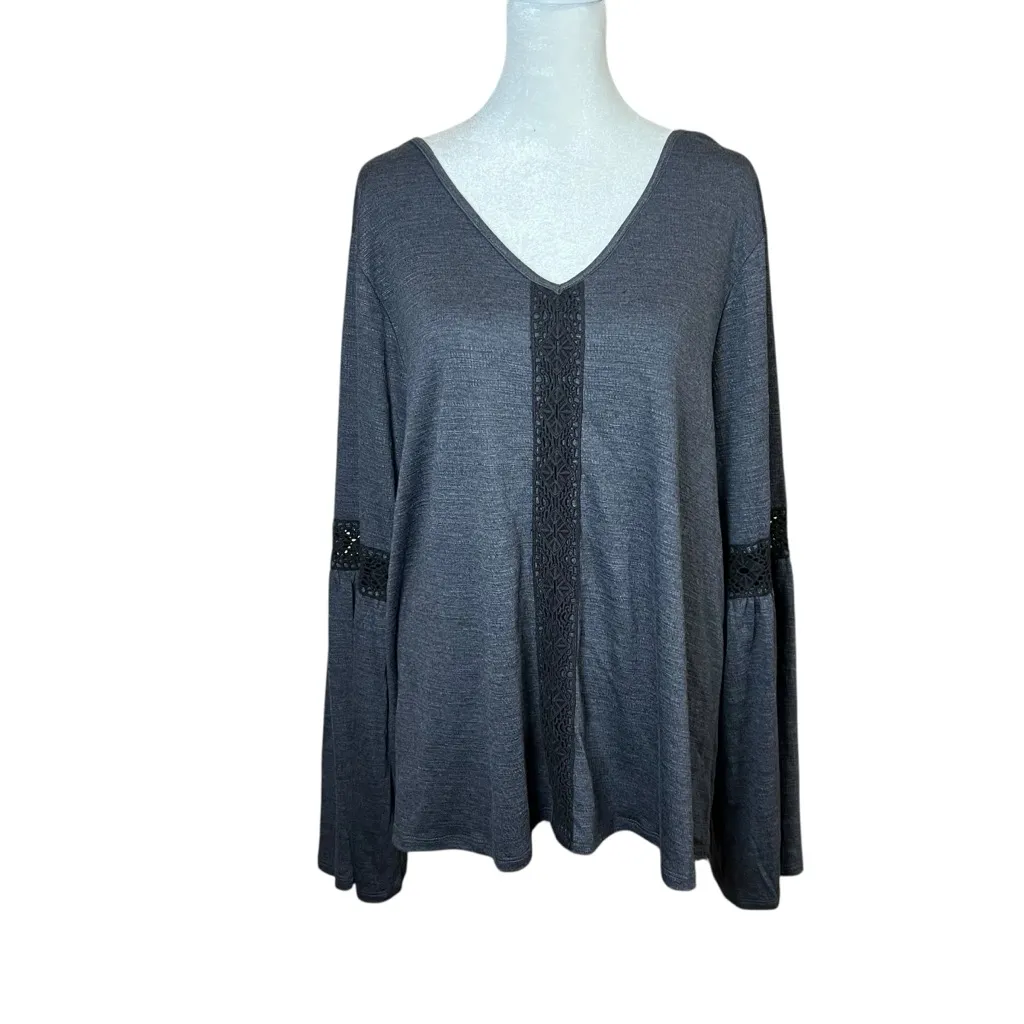 Knox Rose Boho Bell Sleeve Top Sz XXL Gray Crochet Knit Tunic Whimsigoth Witchy - Image 5
