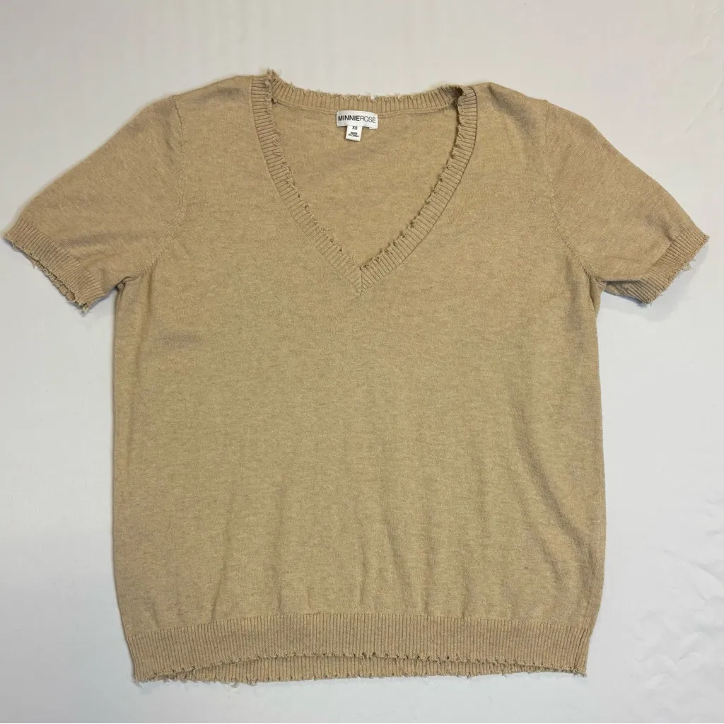 Minnie Rose Tan V-Neck Short Sleeve Knit Top XS Cashmere Blend - Image 2