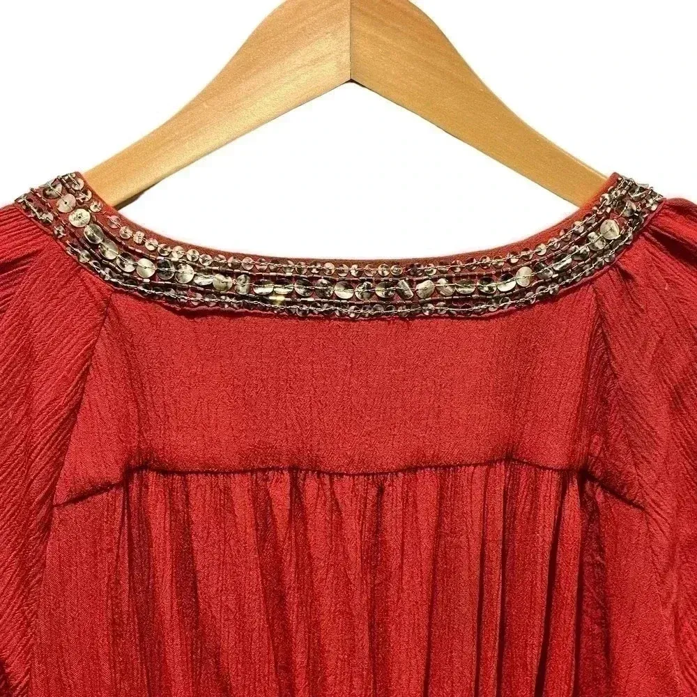 En Crème Burnt Red Front Tie Blouse Beaded‎ Collar Size Medium - Image 5