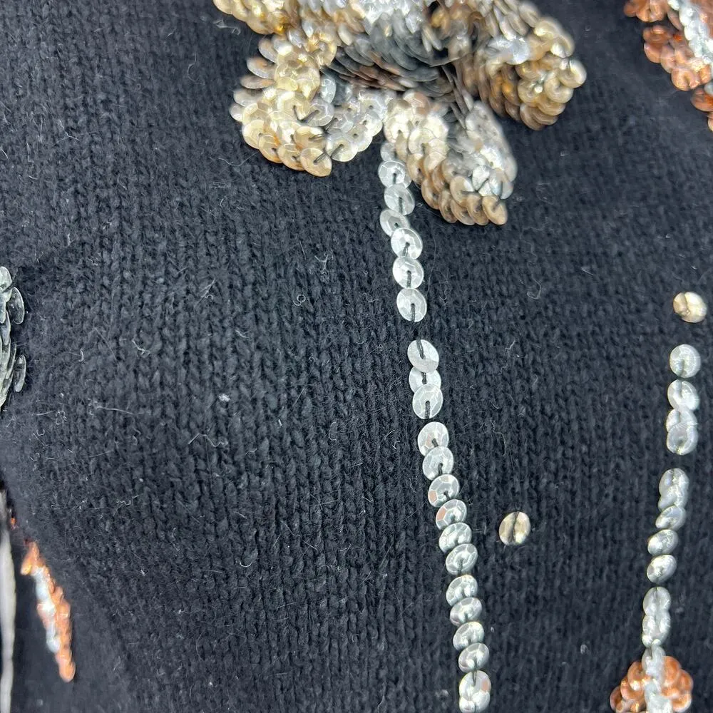 The Newsletter SMALL VINTAGE 90s Sweater Black Silk Angora Wool Floral Sequin - Image 5