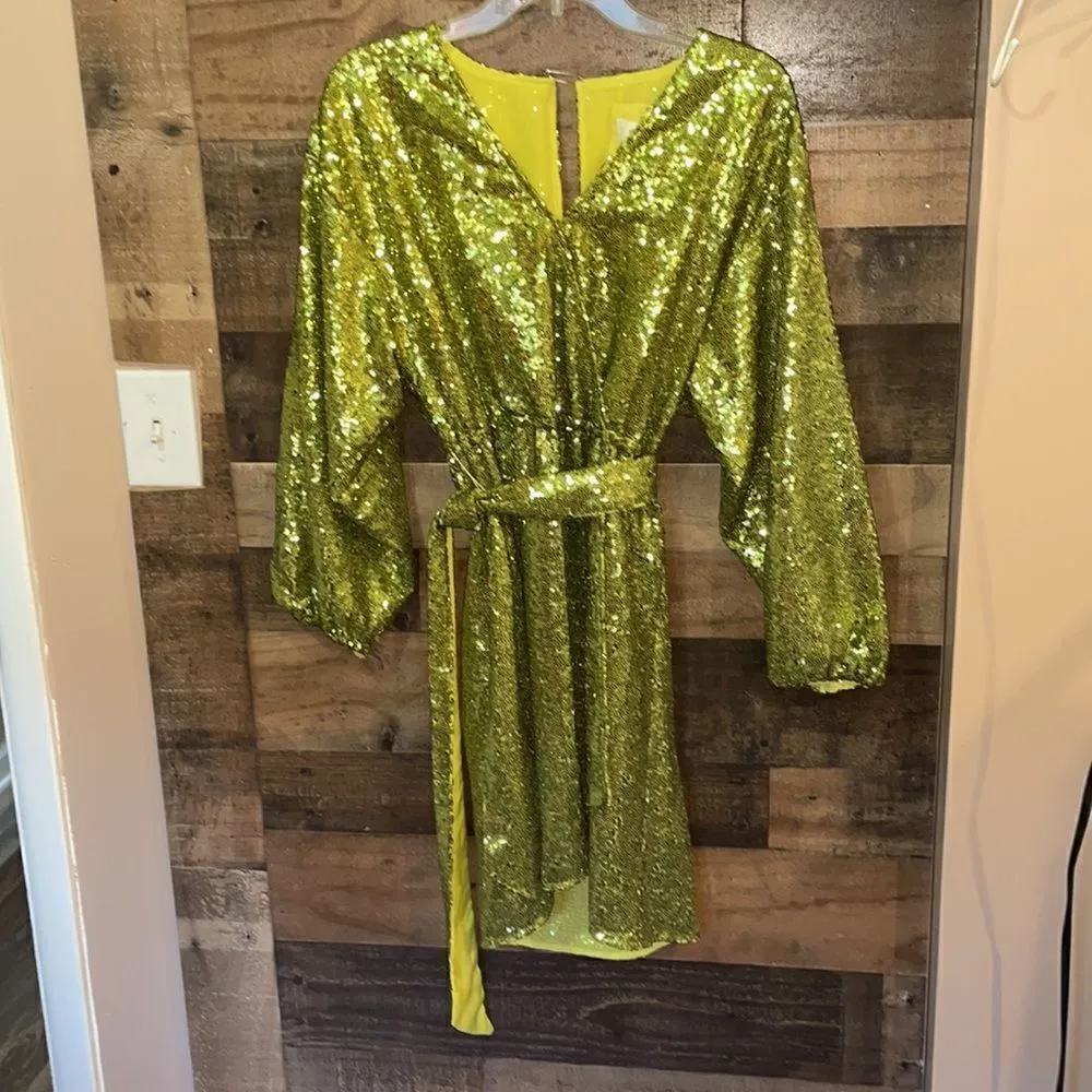 Anthropologie Chartreuse Lisabette Sequin Wrap Mini Dress, NWT - Image 3