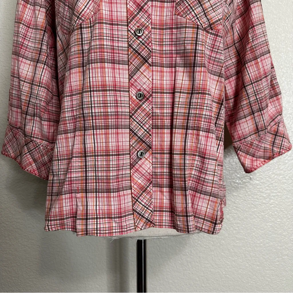 Woolrich  Pink Plaid Geranium 3/4 Sleeves Button Down Shirt, Size MP - Image 4