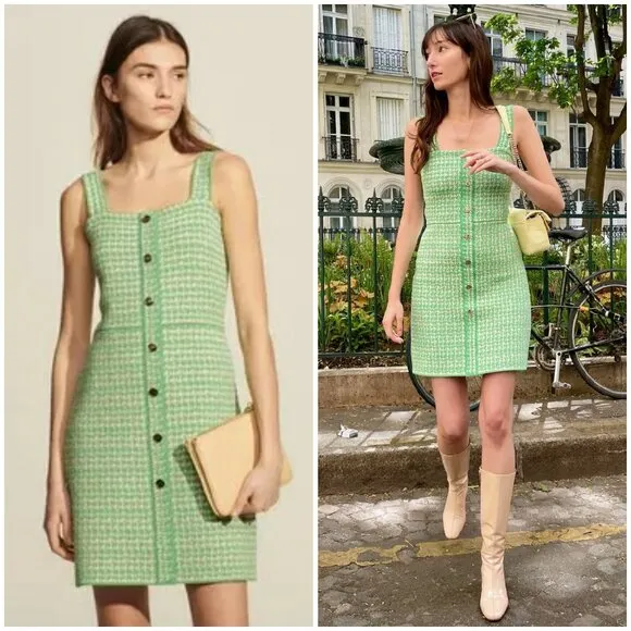 💕SANDRO💕 Lea Organic Cotton Blend Square Neck Tweed Dress ~ Vert Green 34 - Image 2