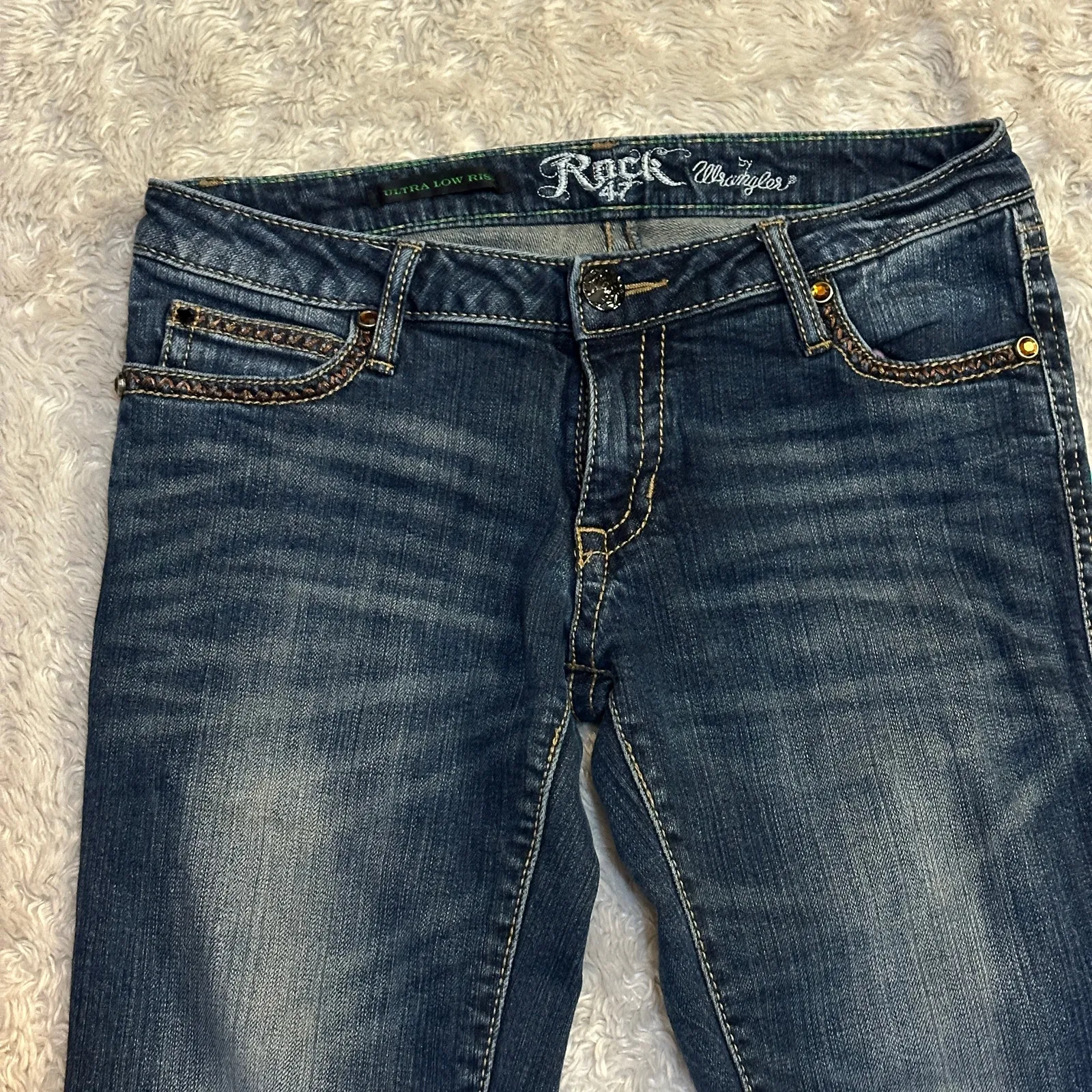 Wrangler Rock 27 Sz 4 Ultra Low Rise Studded Bootcut Jeans Medium Wash McBling Blue - Image 10