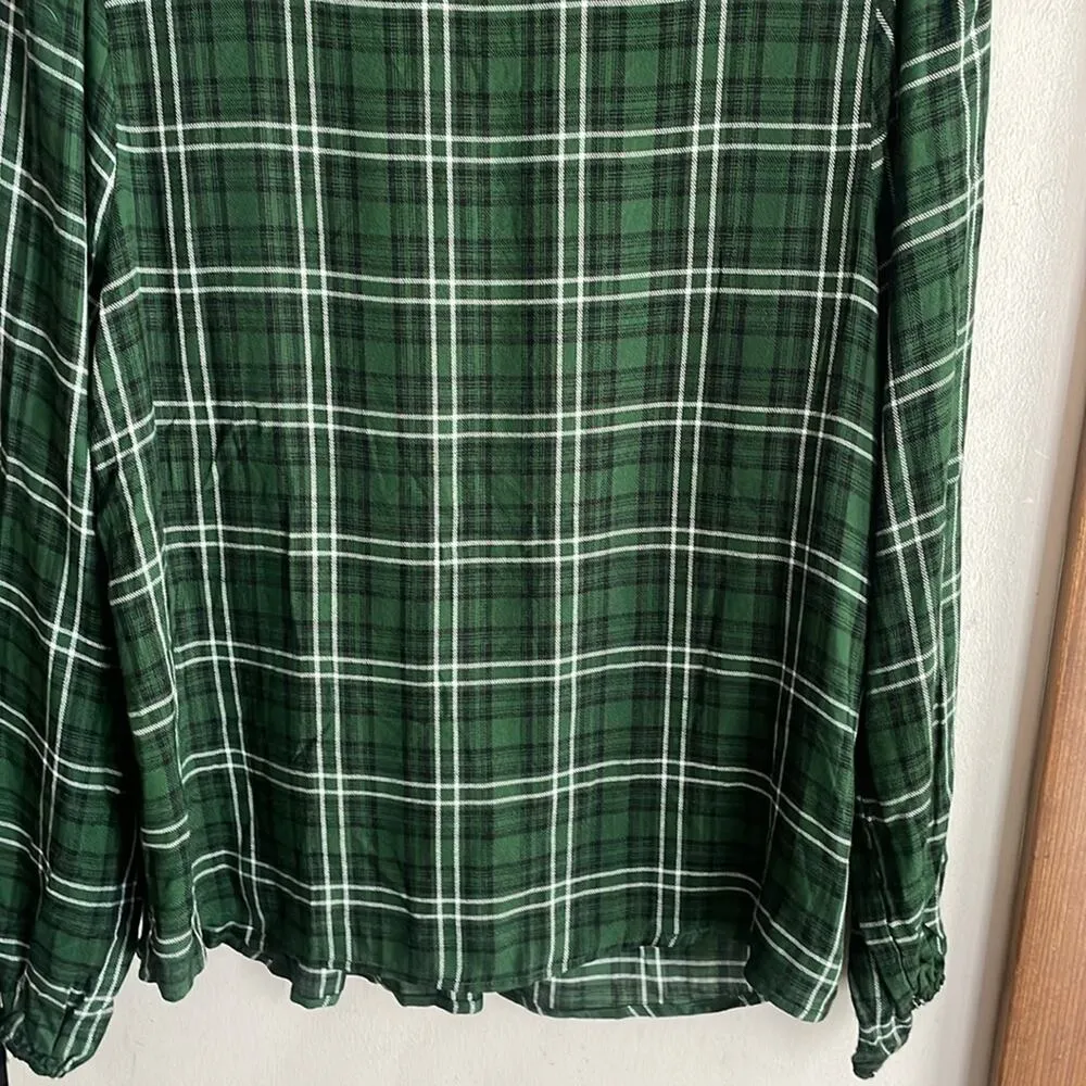 Three Dots Mason Plaid Long Sleeve Blouse Dark Green - Image 14