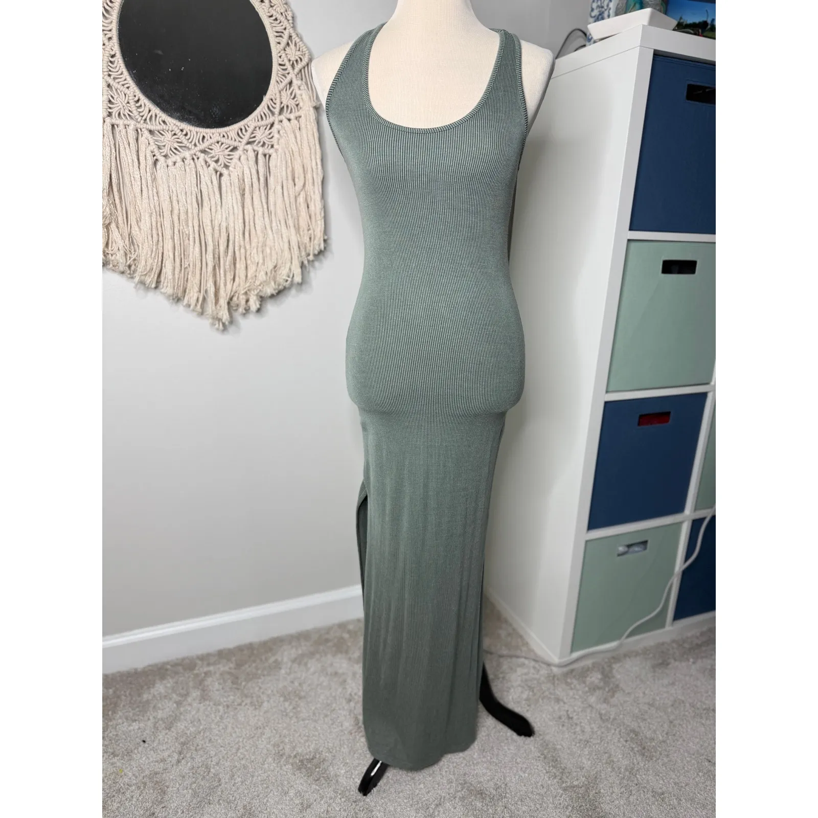 Lulu's Relaxed But Not Least Sage Green Bodycon Racerback Slit Long Maxi Dress S - Image 2
