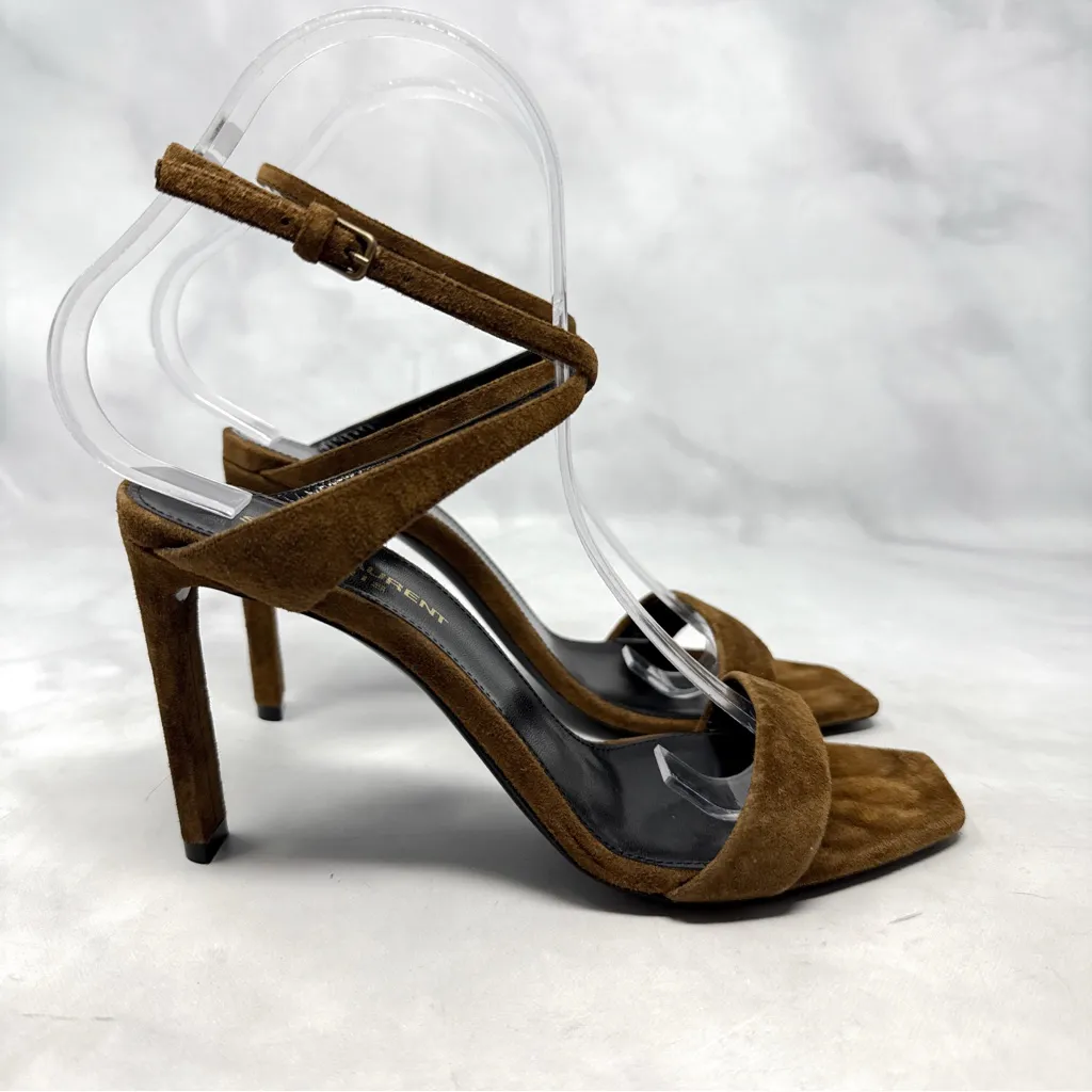 Saint Laurent Bea Bow Suede Square Toe Ankle Wrap Strap Sandal Heels Brown 37 - Image 3