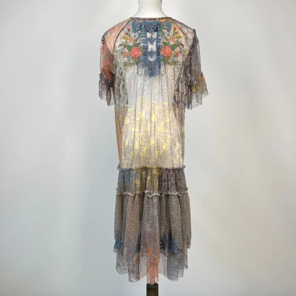 NWOT Johnny Was Biya Sheer Mesh Tiered Embroidered Ruffles Midi Dress Size S - Image 6