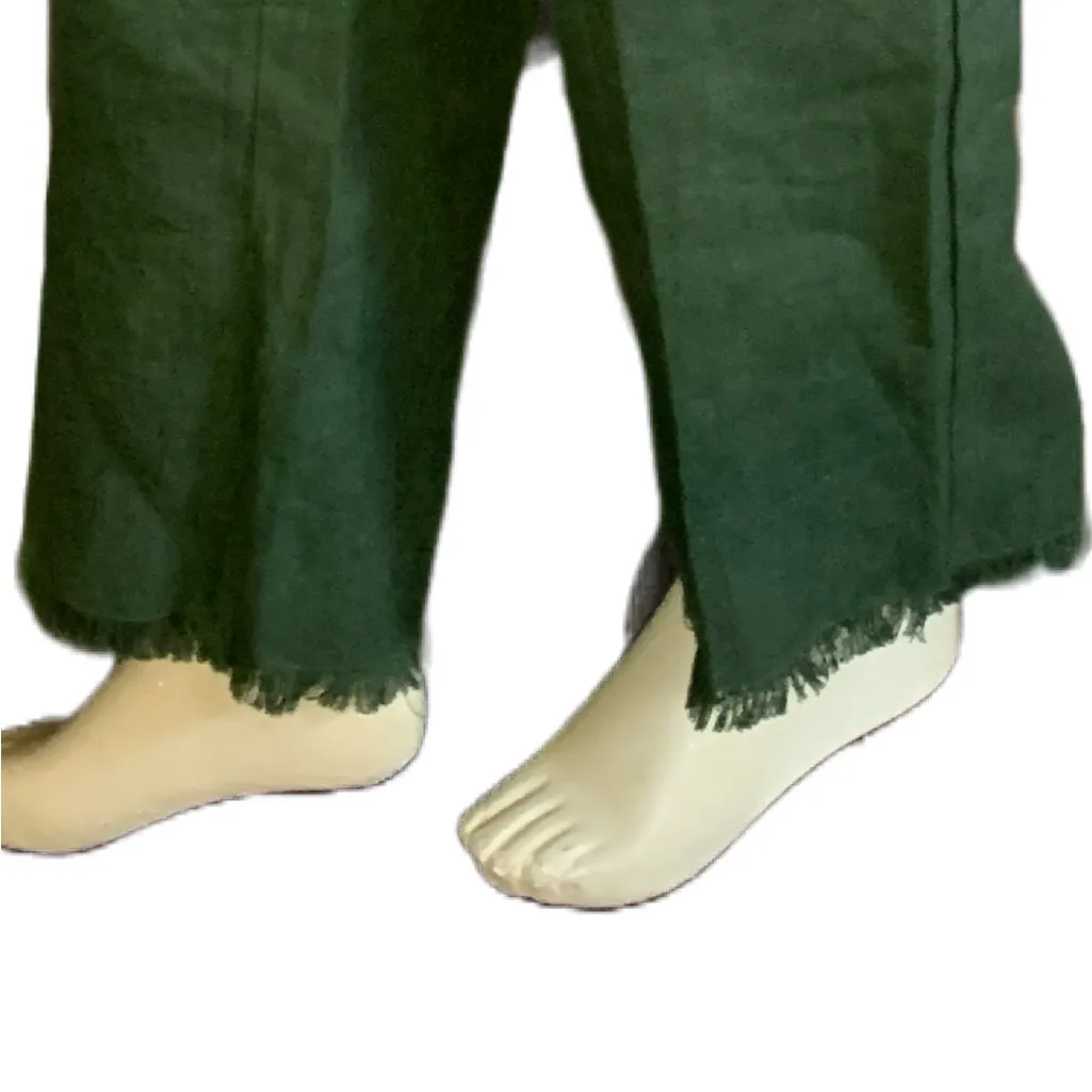 VINTAGE 1990'S HARVE BENARD FOREST GREEN LINEN FRINGE HEM TROUSERS (14) - Image 5
