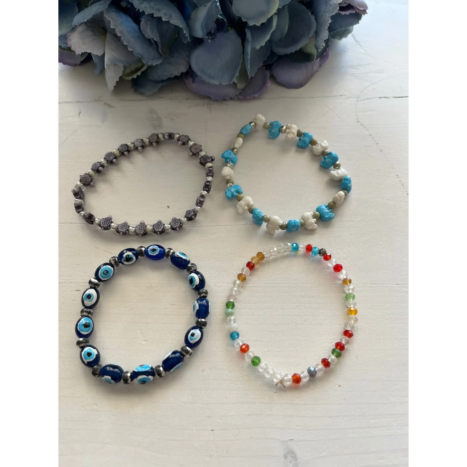 Beaded Stretch Bracelet Set Evil Eye Turtle Elephant Colorful Boho Bracelet‎ Blue - Image 2