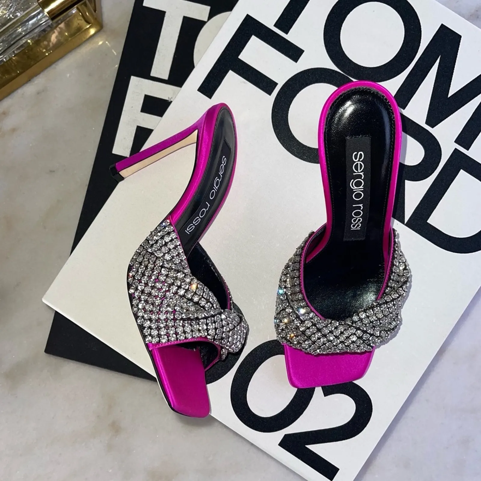 Sergio Rossi 95mm Tyra Embellished Satin Mules Heel Pumps in Fuchsia - Image 2