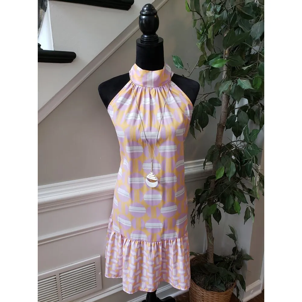 Women's Dress Medium Yellow Pink Sleeveless Halter Ruffle Hem Retro Mod Print - Image 2
