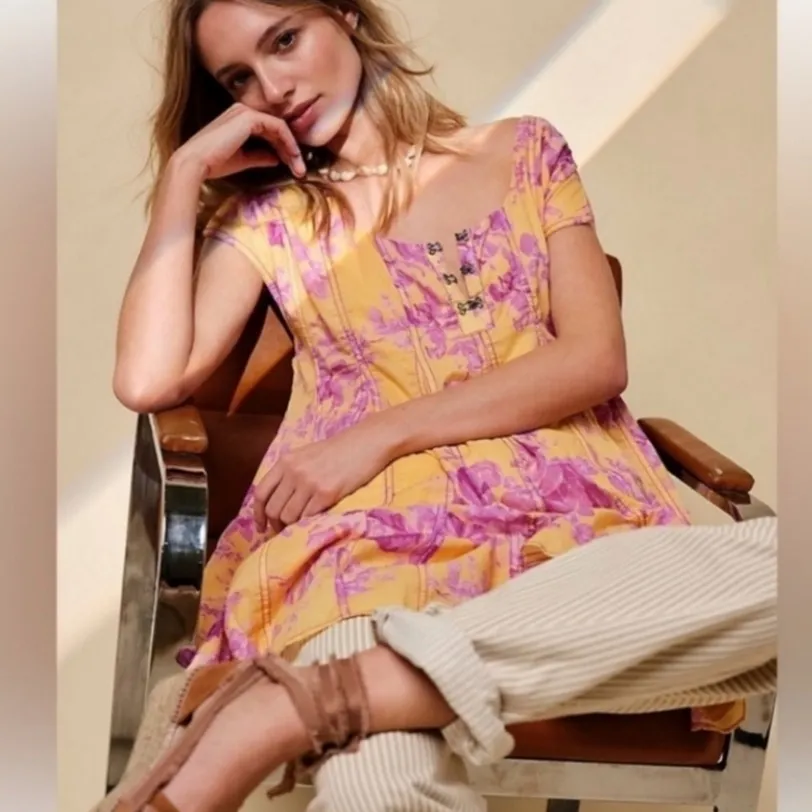 Free People dress Sully NEW floral blooms pink orange sunshine combo lined - Image 3