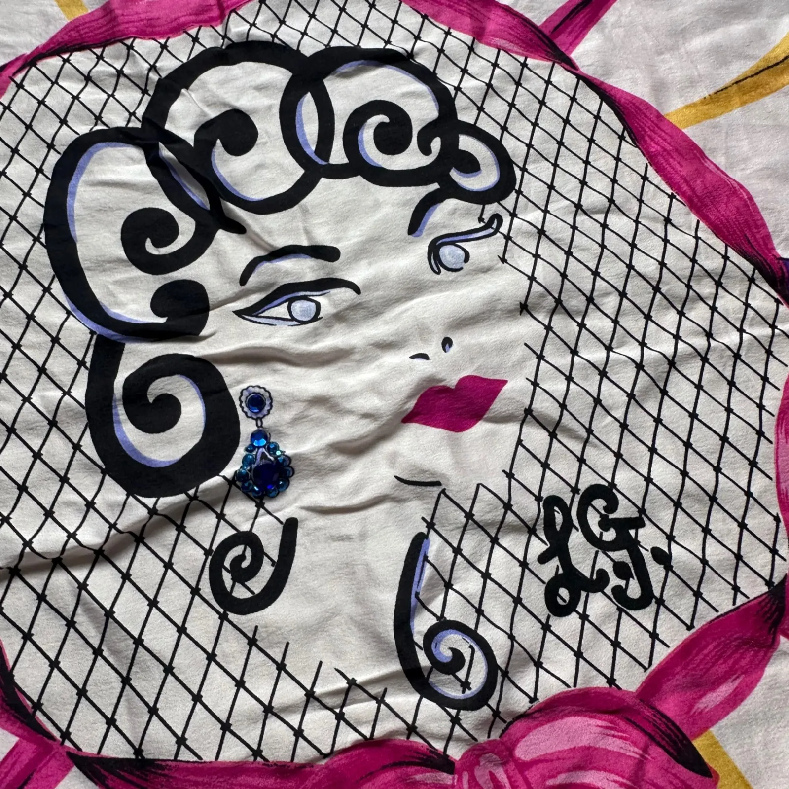 Lulu Guinness Silk Scarf Pinup Face Bows Print Square 34x33 Pink Glam White - Image 3