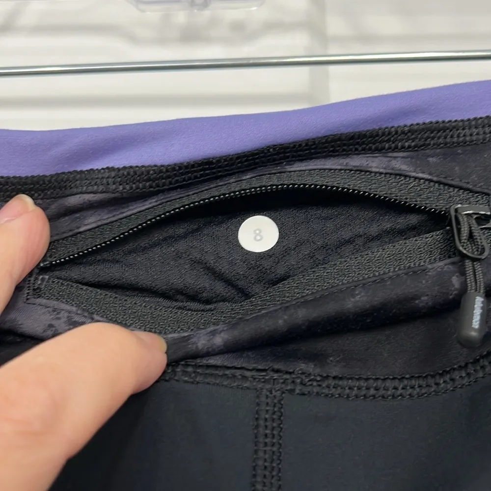 Lululemon Size 8 Black, Purple Crop Ruffle Ankle Trim Leggings with Zip Pocket - Image 8