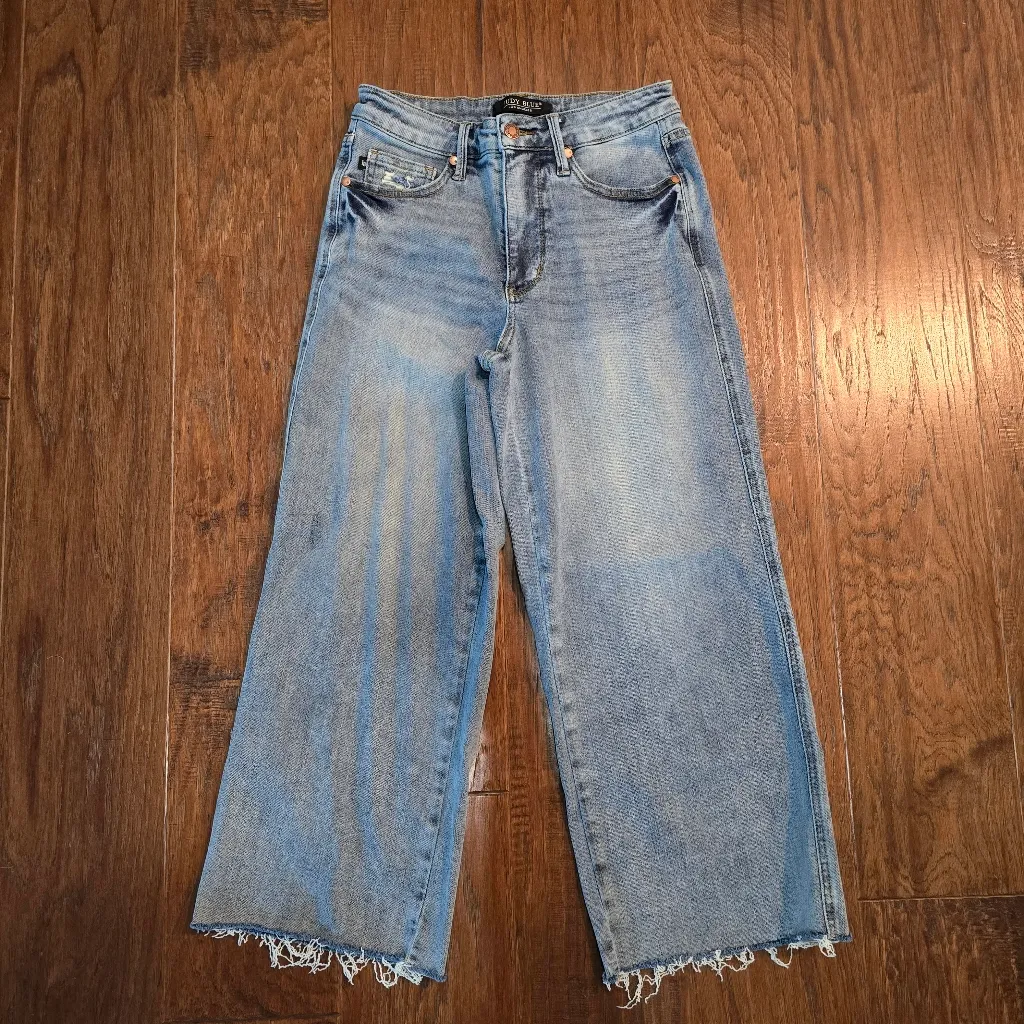 Judy Blue Wide Leg Crop Jeans Size 7/28 Blue Mid Rise Raw Hem JB88903 Stretch - Image 7