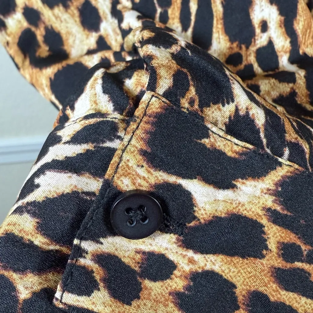 Leopard Print High Low Tunic Dress Medium Oversized Button Down Animal Print Top Brown - Image 8