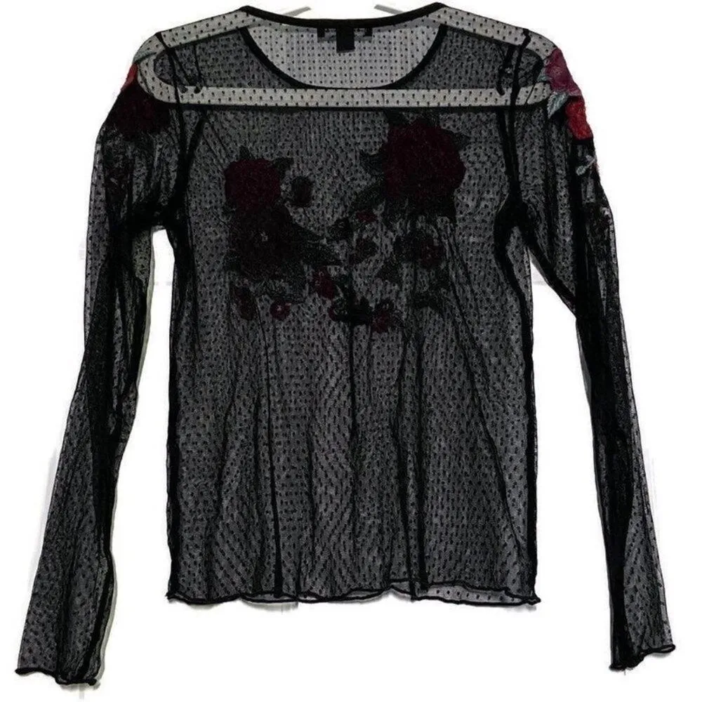 American Eagle Rose Embroidered Mesh Top Polka Dot Long Sleeve Black Small - Image 2