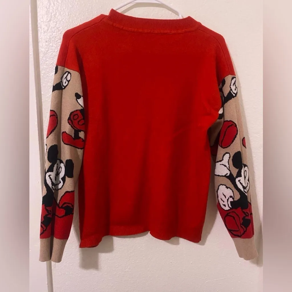 Red Sweater with Cartoon Character Sleeves Size Medium Round Neck Mickey Mouse - Image 2