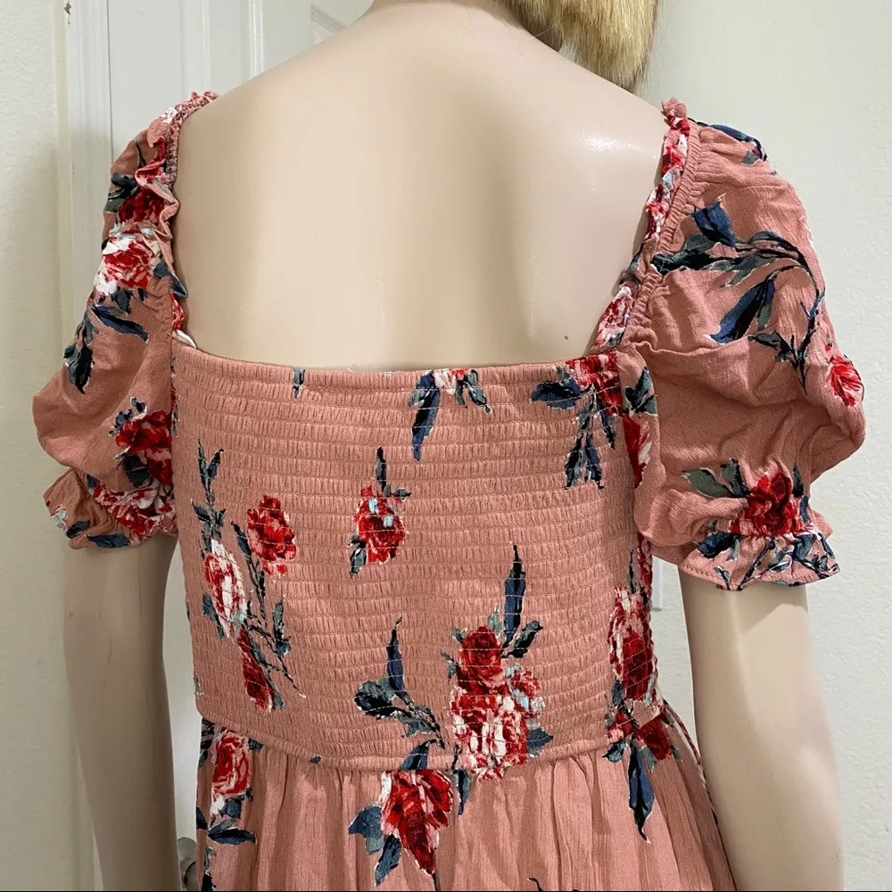 BOG Collective Floral Shirred Square Neck Puff Sleeve Mini Dress M Size M - Image 4