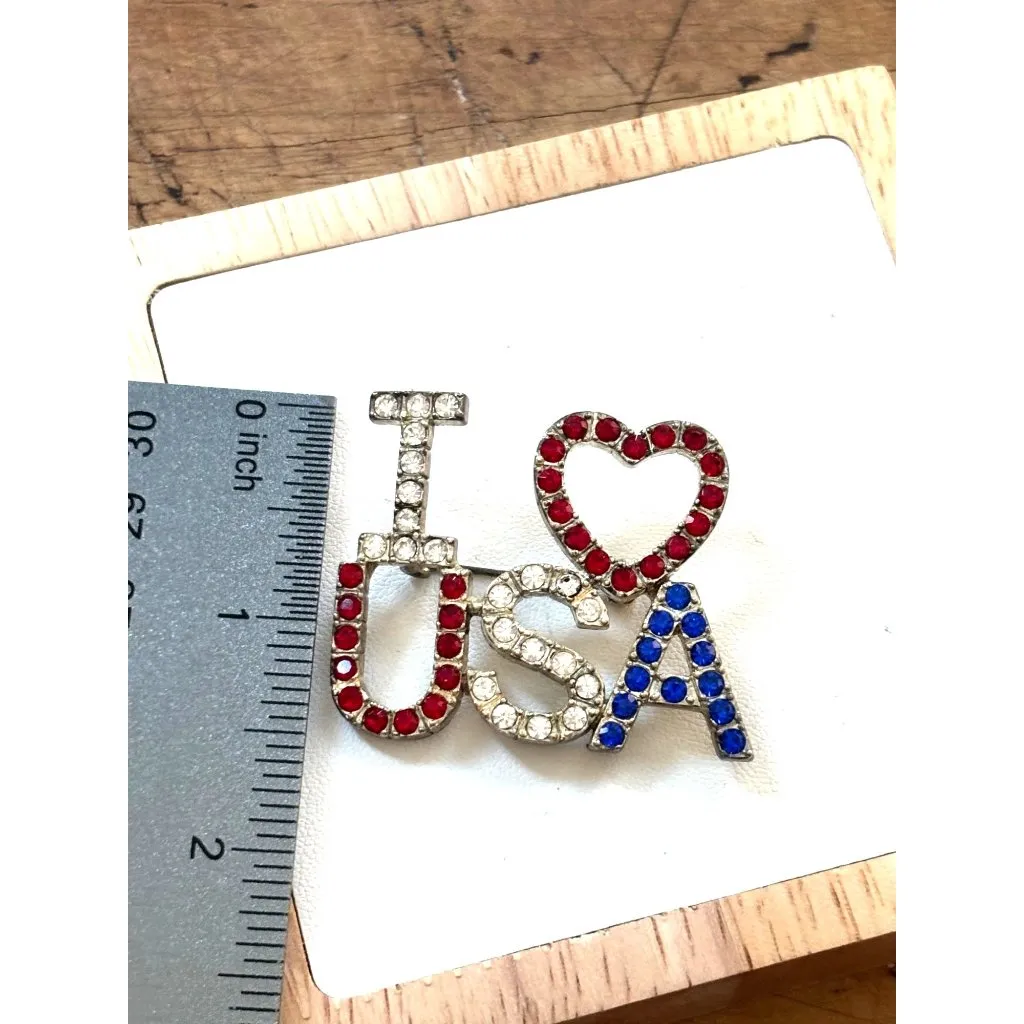 "I Love USA" Crystal Rhinestone Patriotic Brooch Pin Red - Image 3
