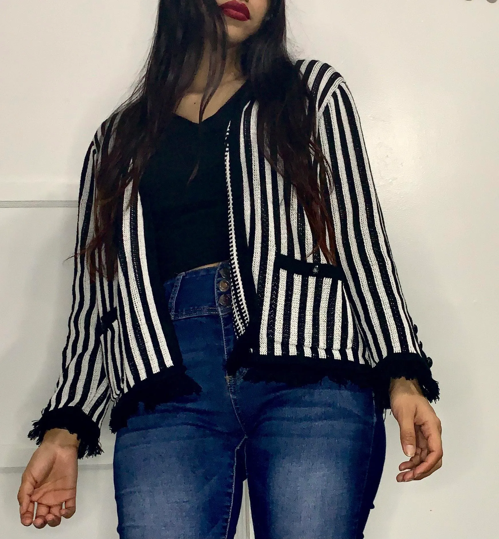 striped fringe knit cardigan - Image 3