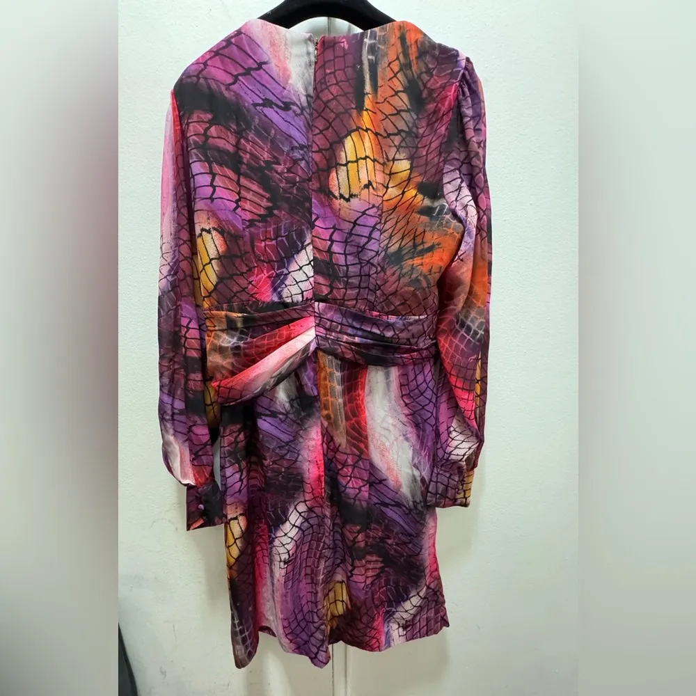 Flor Et.Al Lauper Rainbow Snake Print Long Puff Sleeve Belted Ruffle Mini Dress Purple Size 14 - Image 5