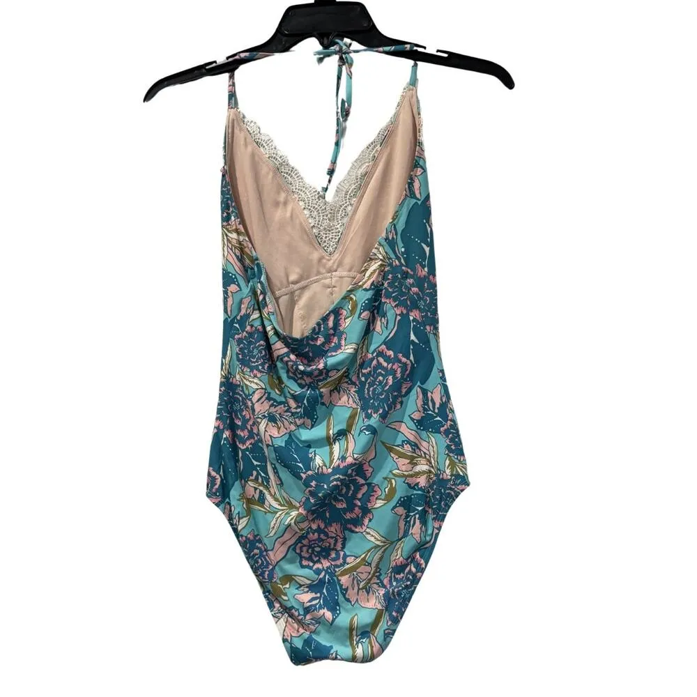 SEA ANGEL Women's Turquoise Floral Lace Trim V-Neck One-Piece Swimsuit Sz XS - Image 2