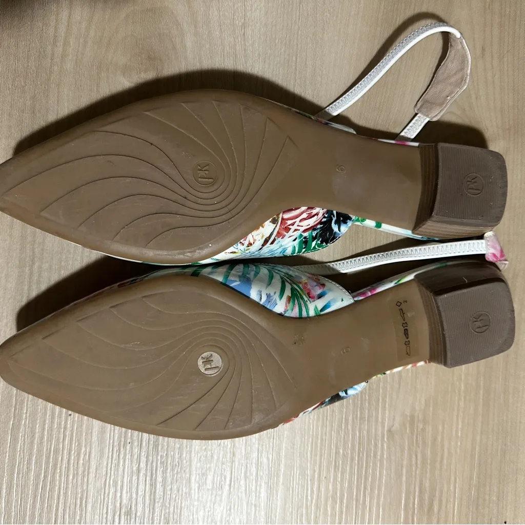 Peter Kaiser Patent Leather Sling Back Flats Womens‎ 8/39 Tropical Print Floral White - Image 10