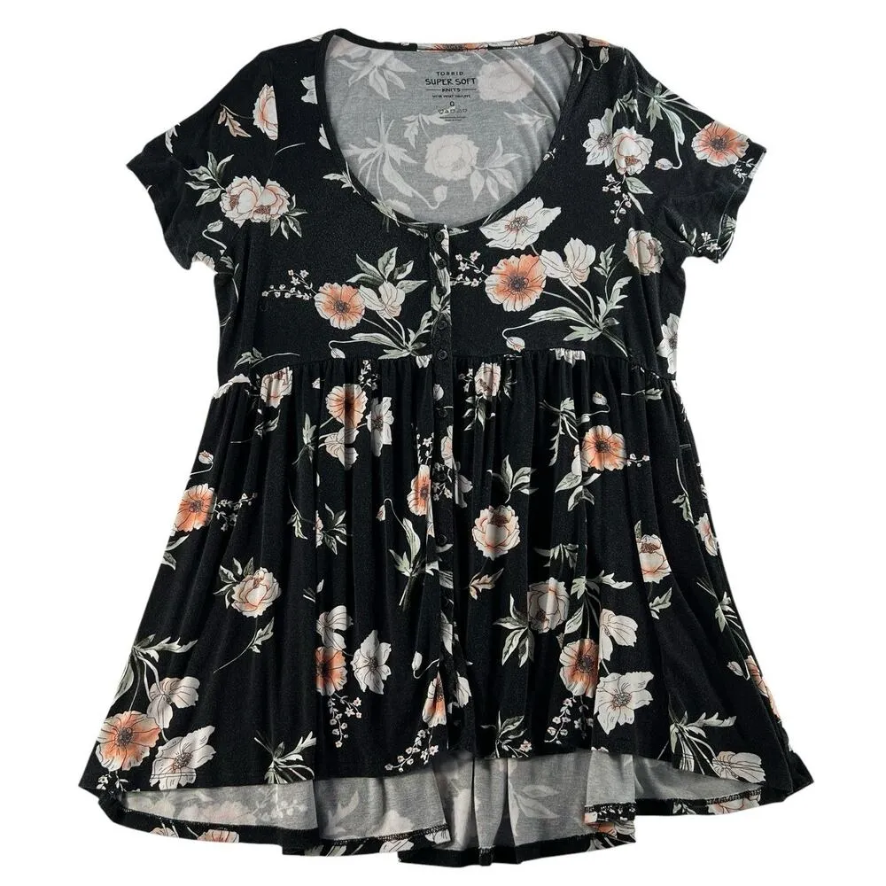 Torrid Plus 0 0X Babydoll Super Soft Button Front Short Sleeve Top Floral Print - Image 4